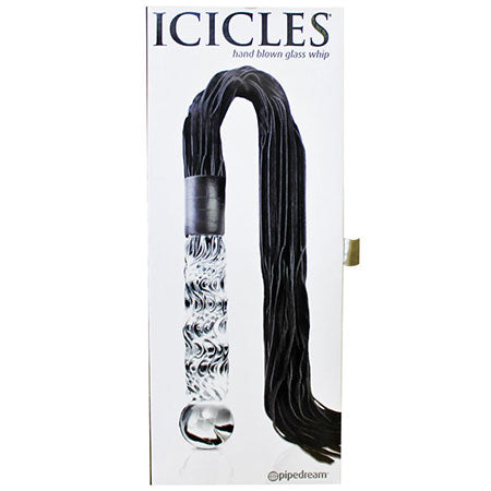 Pipedream Icicles No. 38 Leather Flogger With Textured 8.5 in. Glass Dildo Handle Clear/Black - Pinkfoxxx