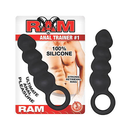 Ram Anal Trainer #1 4in. Silicone Rippled Anal Plug With Retrieval Ring (Black) - Pinkfoxxx