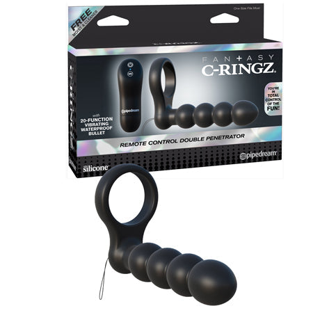 Pipedream Fantasy C-Ringz Remote Control Double Penetrator Vibrating Silicone Dual Entry Cockring Black - Pinkfoxxx