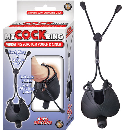 My Cock Ring Vibrating Scrotum Pouch & Cinch With Bullet Silicone Waterproof Black - Pinkfoxxx