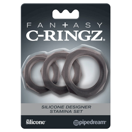 Pipedream Fantasy C-Ringz Silicone Designer Stamina 3-Piece Cockring Set Black - Pinkfoxxx