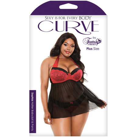 Fantasy Lingerie Curve Sophia Halter Babydoll & Panty Red/Black 3XL/4XL - Pinkfoxxx