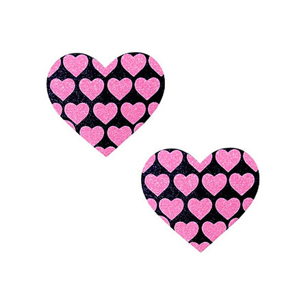 Neva Nude Pink Heart UV Valentines Black Glitter Heart Nipztix Pasties - Pinkfoxxx