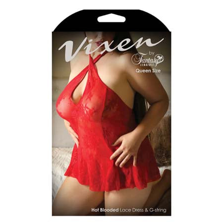 Fantasy Lingerie Vixen Hot Blooded Lace Dress & G-String Queen Size - Pinkfoxxx