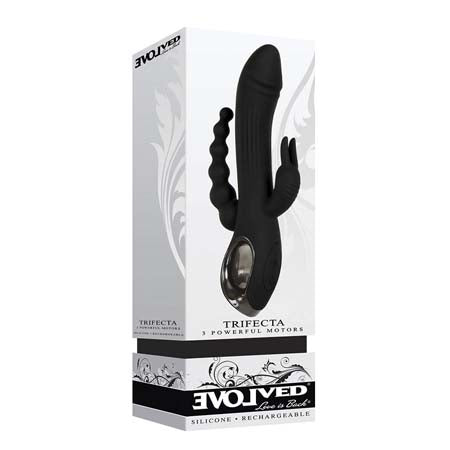 Evolved Trifecta Rechargeable Dual Entry Triple Stimulation Silicone Rabbit Vibrator Black - Pinkfoxxx