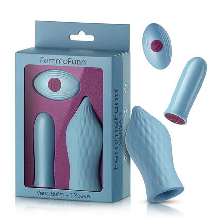 FemmeFunn Versa T Rechargeable Remote-Controlled Bullet Vibrator & Textured Silicone Tongue-Shaped Sleeve Light Blue