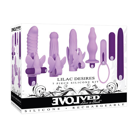 Evolved Lilac Desires 7-Piece Rechargeable Silicone Vibrator and Sleeve Set Purple - Pinkfoxxx