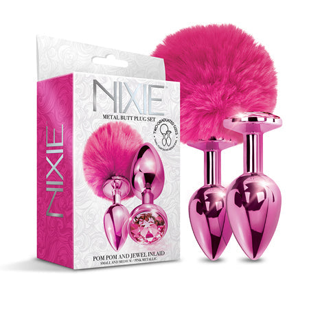 NIXIE Metal Butt Plug Set Pom Pom and Jewel-Inlaid Metallic Pink - Pinkfoxxx