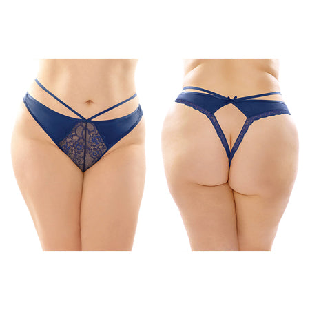 Fantasy Lingerie Kalina Strappy Microfiber & Lace Thong With Back Cutout Navy Queen Size - Pinkfoxxx