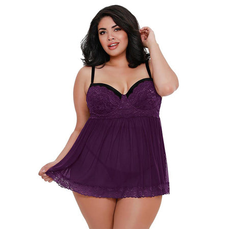 Dreamgirl Plus-Size Stretch Mesh and Lace Babydoll With Underwire Push-Up Cups, G-String, and Lace Overlay Plum Queen 1X Hanging - Pinkfoxxx