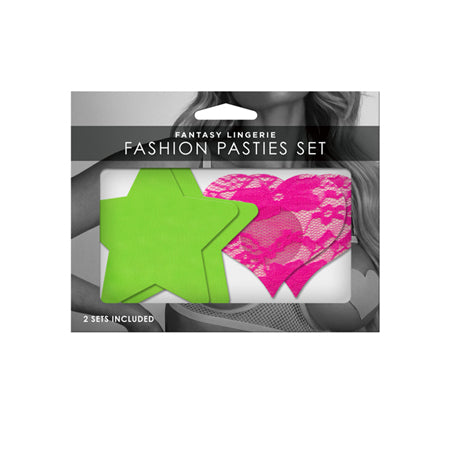 Fantasy Lingerie Neon Pasties 2-Pack Solid Neon Green Star & Neon Pink Lace Heart - Pinkfoxxx