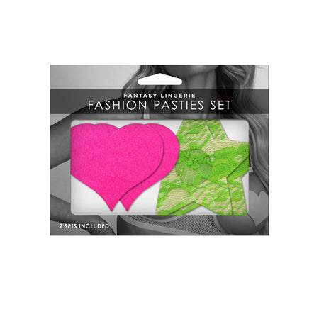 Fantasy Lingerie Neon Pasties 2-Pack Solid Neon Pink Heart & Neon Green Lace Star - Pinkfoxxx