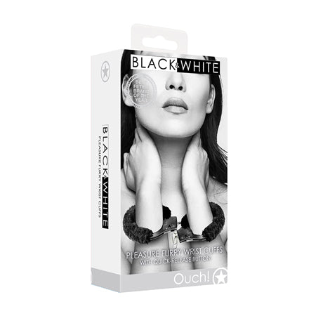 Ouch! Black & White Beginner Pleasure Furry Wrist Cuffs With Quick-Release Button Black - Pinkfoxxx