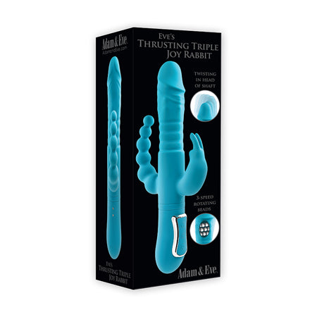 Adam & Eve Eve's Thrusting Triple Joy Rabbit Rechargeable Dual Entry Triple Stimulation Silicone Rabbit Vibrator Teal - Pinkfoxxx