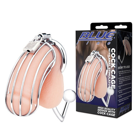 Blue Line Metal Cock Cage with Anal Stimulator