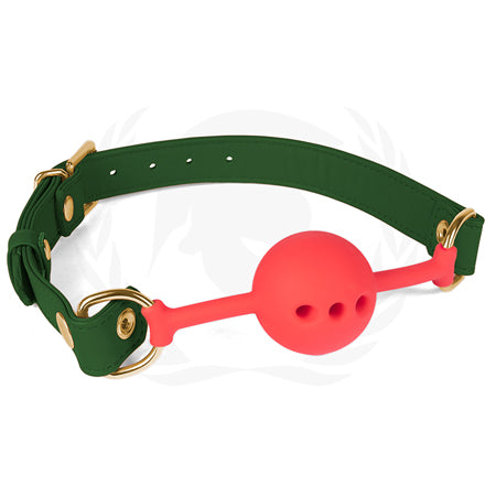 Spartacus 46 mm Red Silicone Ball Gag With Green PU Strap - Pinkfoxxx