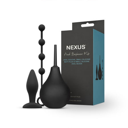 Nexus Anal Beginner Kit with Douche, Silicone Beads, Small Silicone Butt Plug Black - Pinkfoxxx