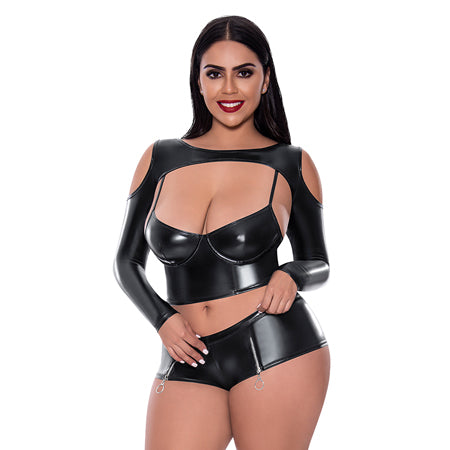 Magic Silk Liquid Onyx Camisole, Longsleeve Shrug & Short Set Black Queen - Pinkfoxxx