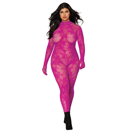 Dreamgirl Gloved Lace Bodystocking With Keyhole Back Azalea Queen Size - Pinkfoxxx