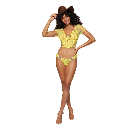 Dreamgirl Eyelet Lace Bustier & G-String Citrus XL - Pinkfoxxx