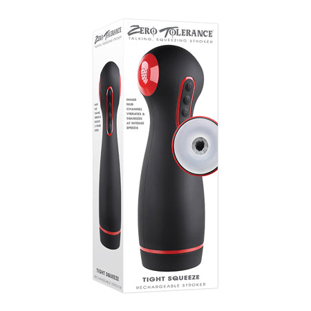 Zero Tolerance Tight Squeeze Rechargeable Vibrating Squeezing Talking Stroker TPE Black/Red - Pinkfoxxx