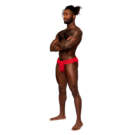 Male Power Sassy Lace Skirt Jock Red S/M - Pinkfoxxx