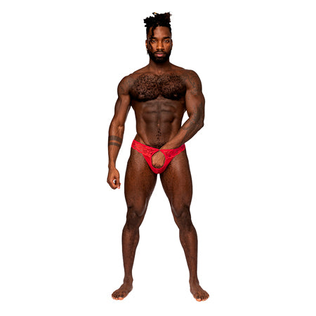 Male Power Sassy Lace Open Ring Thong Red S/M - Pinkfoxxx