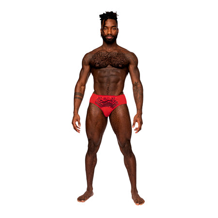 Male Power Sassy Lace Bikini Solid Pouch Red L - Pinkfoxxx