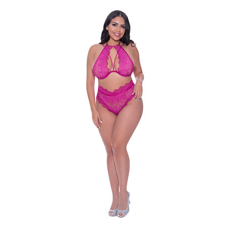 Magic Silk Berrylicious Halter & Lace Up Panty Set Raspberry Queen Size - Pinkfoxxx