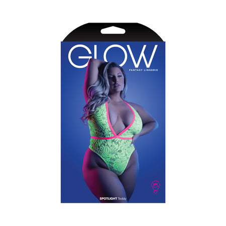 Fantasy Lingerie Glow Spotlight Contrast Elastic Lace Teddy with Snap Closure Neon Green