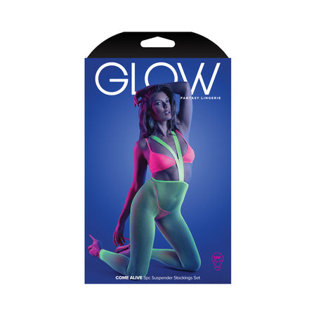 Fantasy Lingerie Glow Come Alive 3-Piece Bralette, G-String & Suspender Stockings Set Neon Green