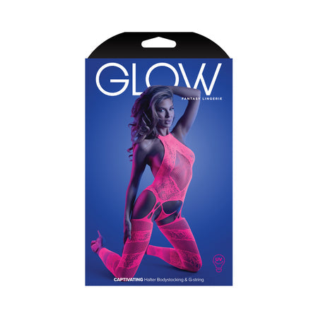 Fantasy Lingerie Glow Captivating High Neck Halter Bodystocking & G-String Set Neon Pink