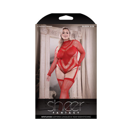 Fantasy Lingerie Sheer Infatuation Open Back Longsleeve Teddy Bodystocking Red