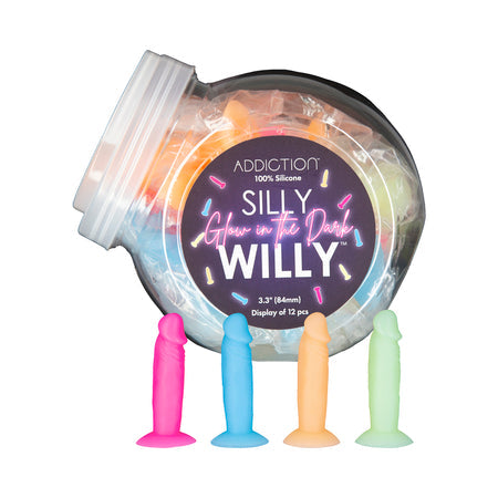 Addiction Silicone Collection Silly Willy Mini Dongs Display of 12 3.3in Glow In The Dark