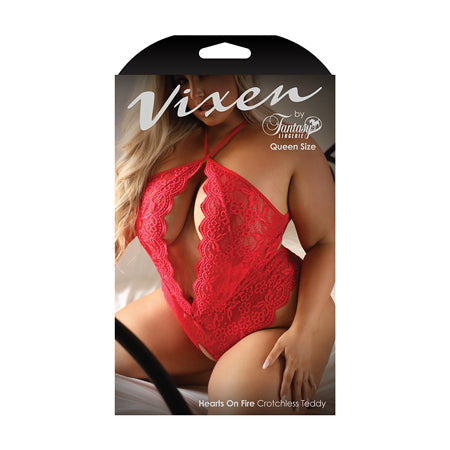 Fantasy Lingerie Vixen Hearts On Fire Crotchless Lace Teddy with Open Pearl Draped Back Red