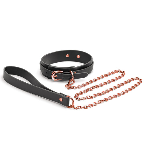 BONDAGE COUTURE COLLAR & LEASH BLACK W/ ROSE GOLD - NSN130623