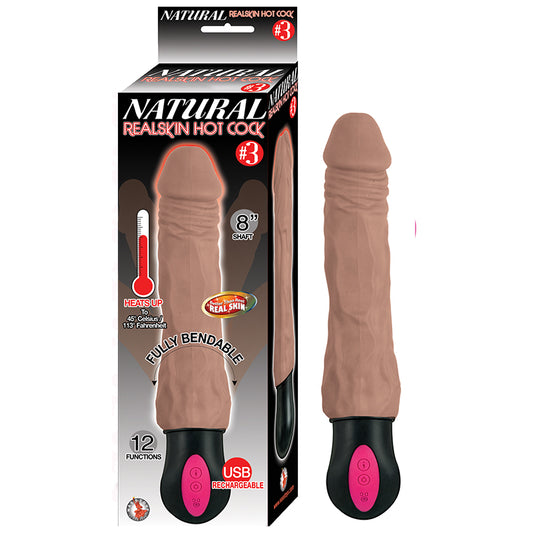 Natural Realskin Hot Cock #3 Fully Bendable 12 Function USB Cord Included Waterproof Brown-Pinkfoxxx