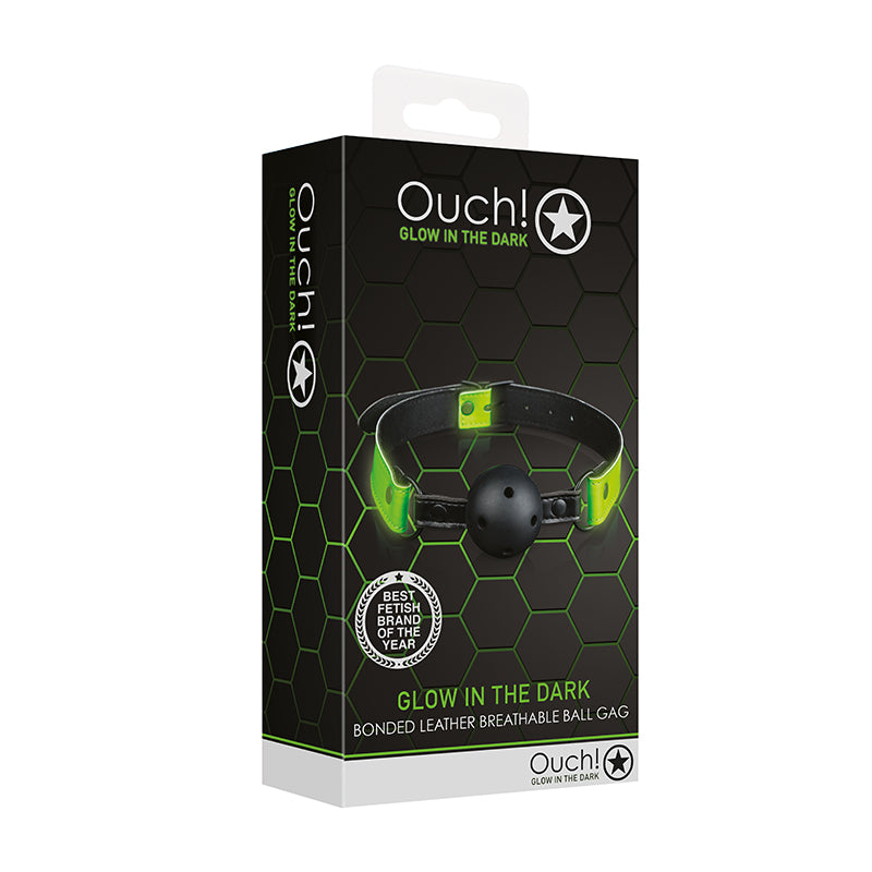 Ouch! Glow in the Dark Bonded Leather Breathable Ball Gag Neon Green-Pinkfoxxx