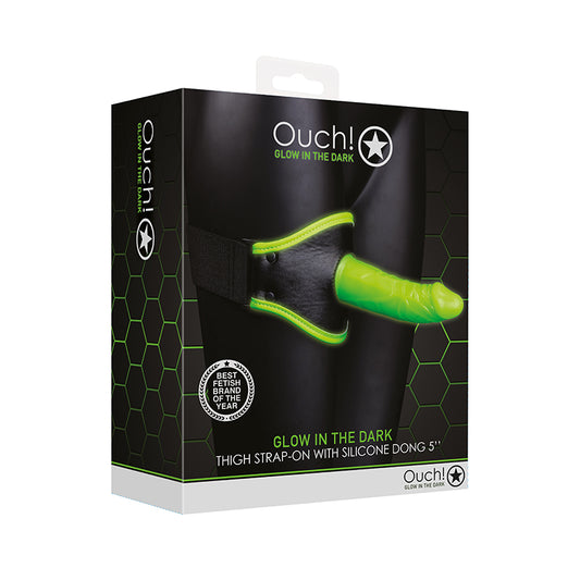 Ouch! Glow in the Dark Thigh Strap-On Harness With 5 in. Silicone Dildo Neon Green-Pinkfoxxx