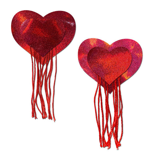 PASTEASE RED HOLOGRAPHIC HEART W/ TASSEL FRINGE - PASHRTTASHOLRD