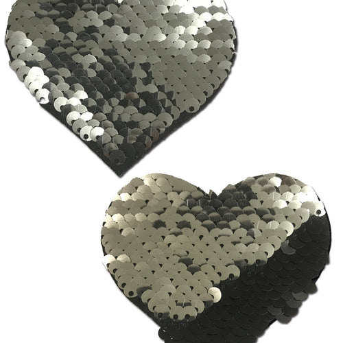 PASTEASE SILVER & BLACK COLOR CHANGING SEQUIN HEARTS - PASHRTSQSLBK