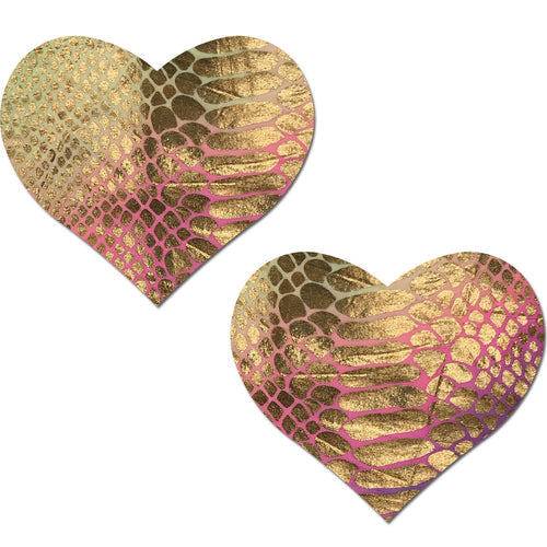 PASTEASE LOVE GOLD HOLOGRAPHIC SNAKE PRINT PASTEL TIE DYE HEART NIPPLE PASTIES - PASHRTSTDGLPK
