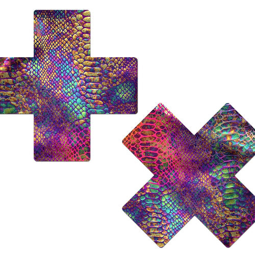 PASTEASE PLUS X NEON RAINBOW TIE DYE SNAKE PRINT CROSS NIPPLE PASTIES - PASPLSSTDNRBW