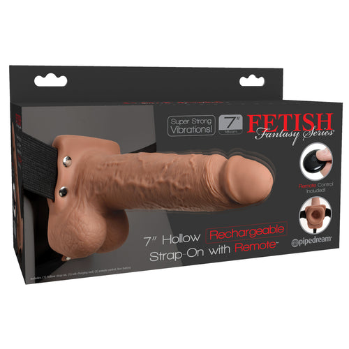 FETISH FANTASY 7 IN HOLLOW RECHARGEABLE STRAP-ON REMOTE TAN - PD339122