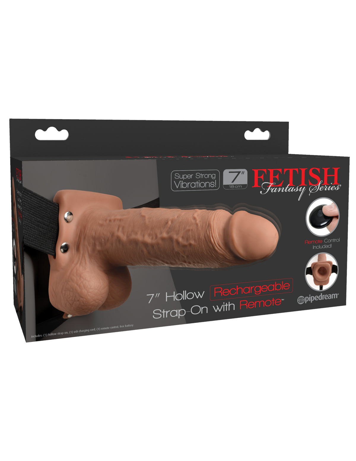 FETISH FANTASY 7 IN HOLLOW RECHARGEABLE STRAP-ON REMOTE TAN - PD339122