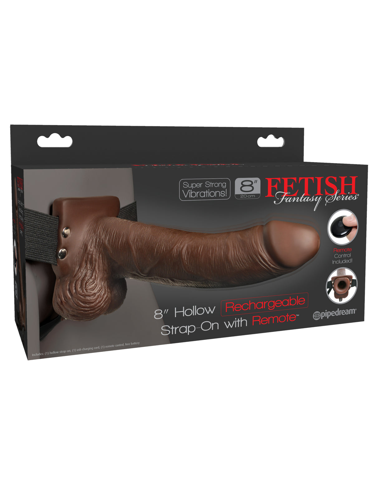 FETISH FANTASY 8 IN HOLLOW RECHARGEABLE STRAP-ON REMOTE BROWN - PD339429