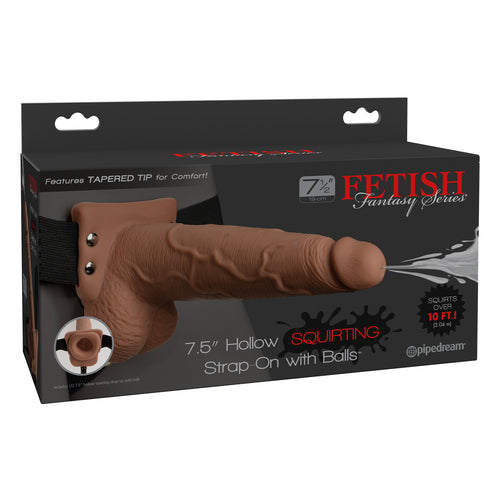 FETISH FANTASY 7.5 IN HOLLOW SQUIRTING STRAP-ON W/ BALLS TAN - PD339722