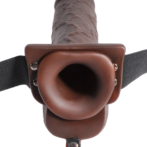 FETISH FANTASY 9 IN HOLLOW SQUIRTING STRAP-ON W/ BALLS BROWN - PD339829