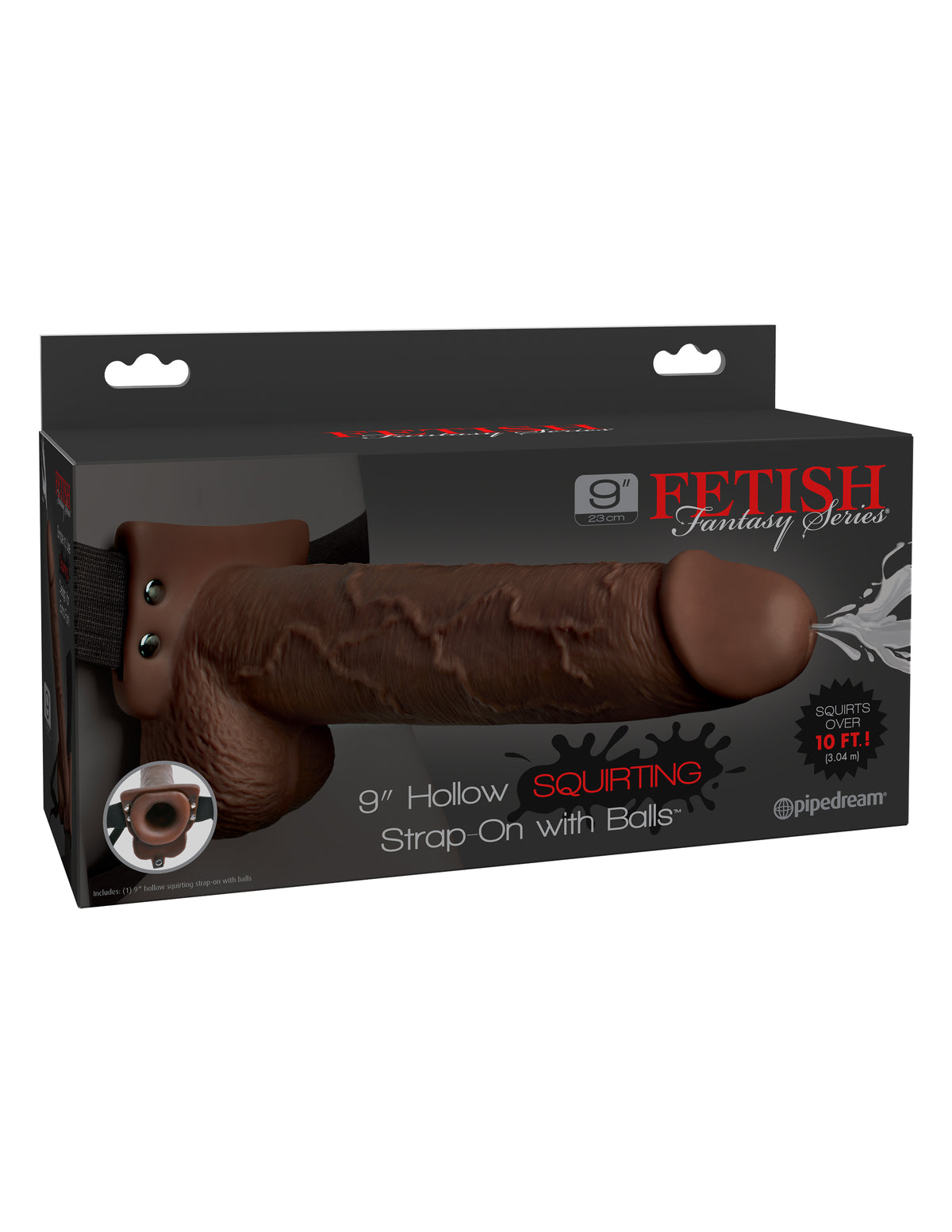 FETISH FANTASY 9 IN HOLLOW SQUIRTING STRAP-ON W/ BALLS BROWN - PD339829
