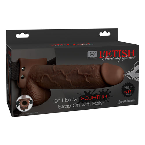 FETISH FANTASY 9 IN HOLLOW SQUIRTING STRAP-ON W/ BALLS BROWN - PD339829
